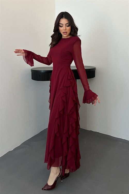 Wholesale Burgundy Ruffled Chiffon Dress