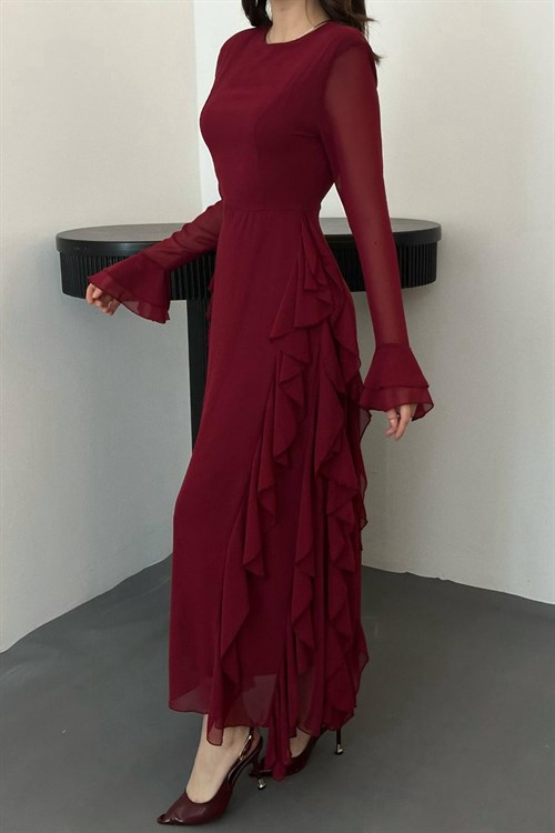 Wholesale Burgundy Ruffled Chiffon Dress