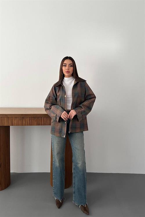 Wholesale Burgundy Plaid Jacket with Contrast Collar