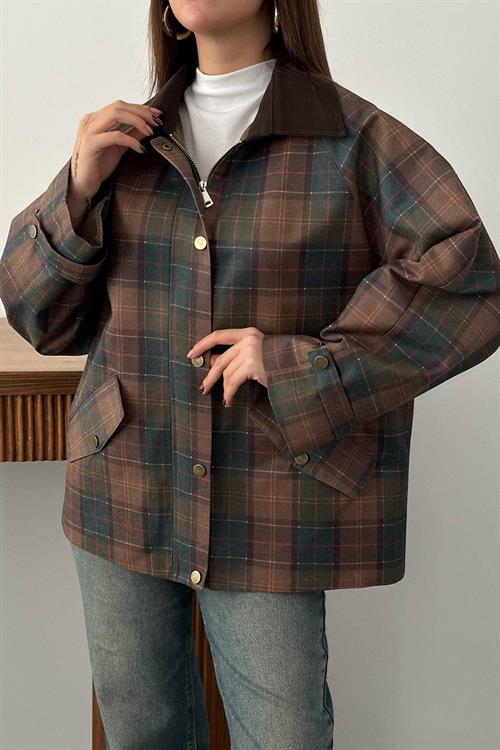 Wholesale Burgundy Plaid Jacket with Contrast Collar