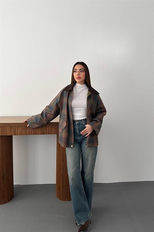 Wholesale Burgundy Plaid Jacket with Contrast Collar