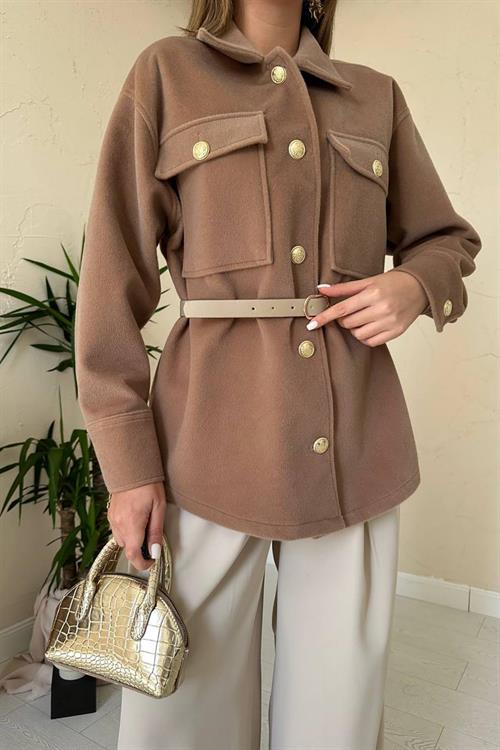 Wholesale Camel Cashmere Shirt with Gold Buttons