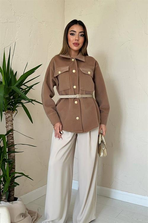 Wholesale Camel Cashmere Shirt with Gold Buttons