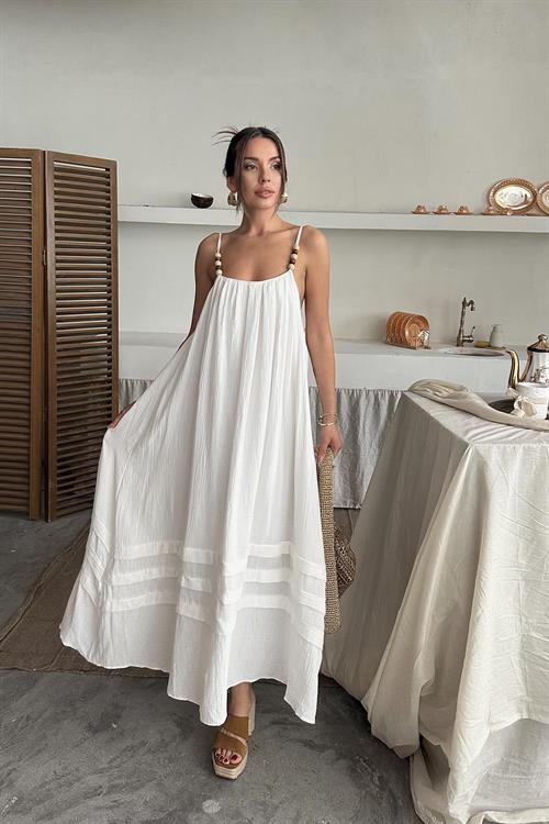 Toptan Ekru Askılı Müslin Elbise