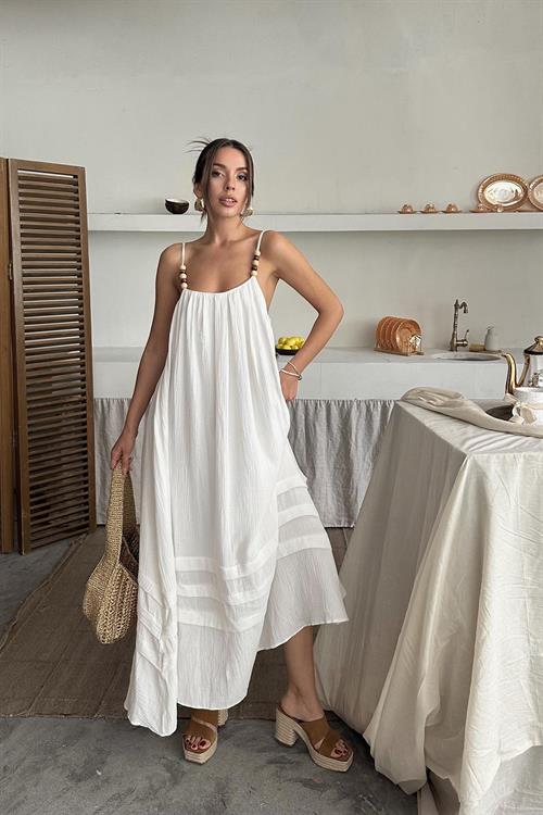 Toptan Ekru Askılı Müslin Elbise