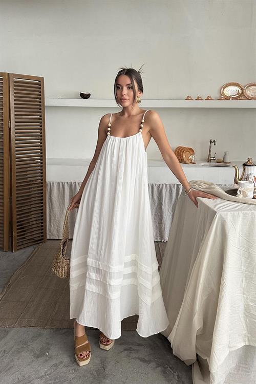 Toptan Ekru Askılı Müslin Elbise