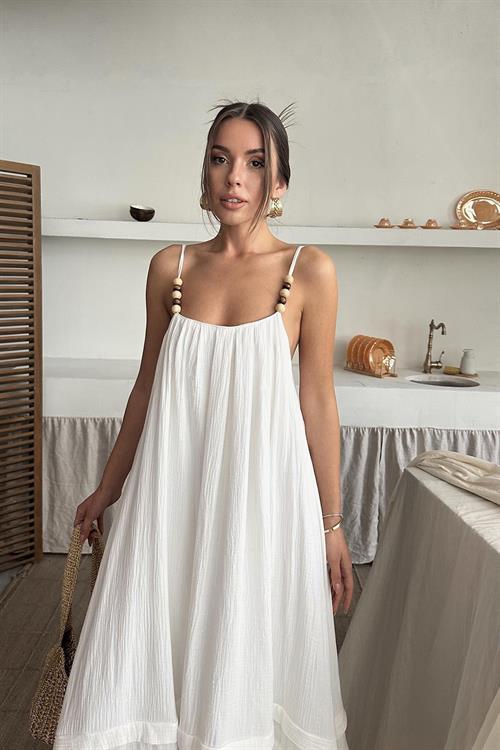 Toptan Ekru Askılı Müslin Elbise