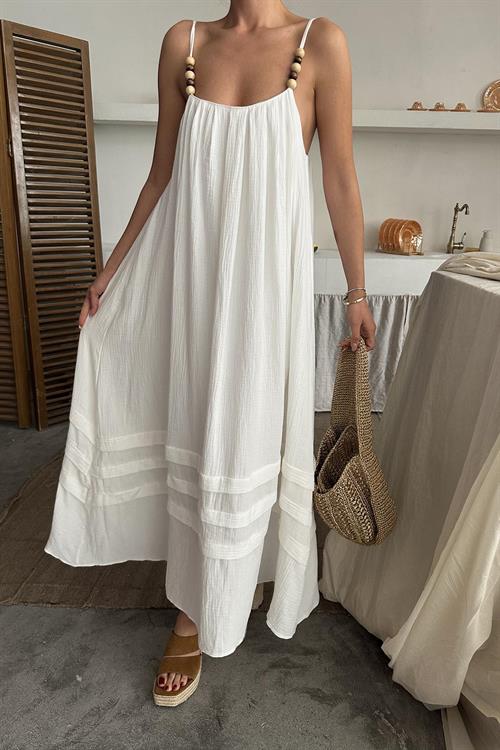 Toptan Ekru Askılı Müslin Elbise