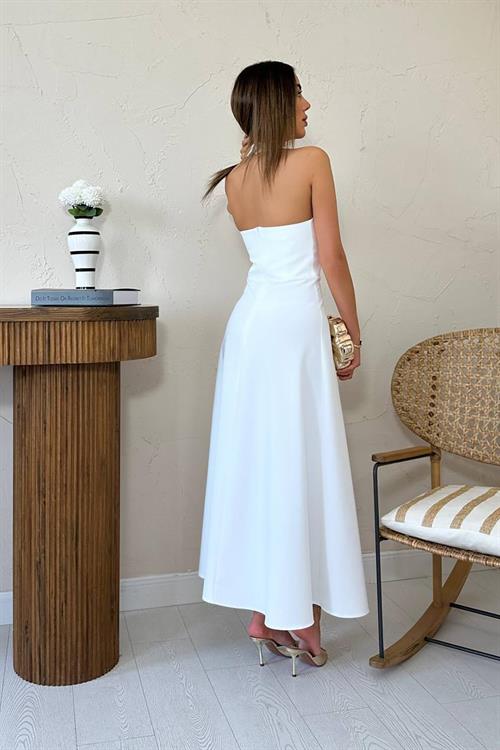 Toptan Ekru Atlas Göğüs Kuplu Elbise