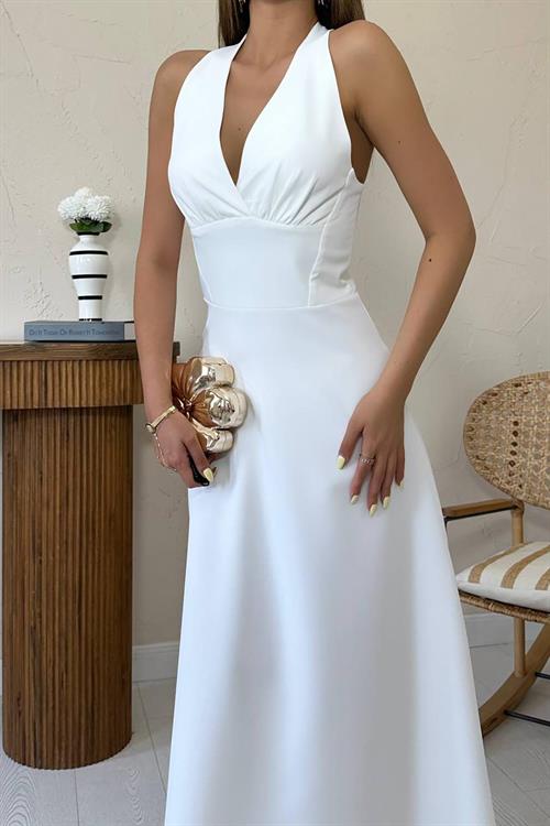 Toptan Ekru Atlas Göğüs Kuplu Elbise