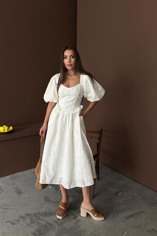 Toptan Ekru Balon Kollu Dantelli Brode Elbise