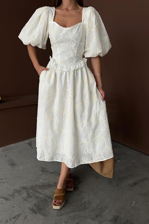 Toptan Ekru Balon Kollu Dantelli Brode Elbise