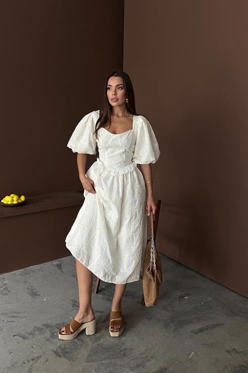 Toptan Ekru Balon Kollu Dantelli Brode Elbise