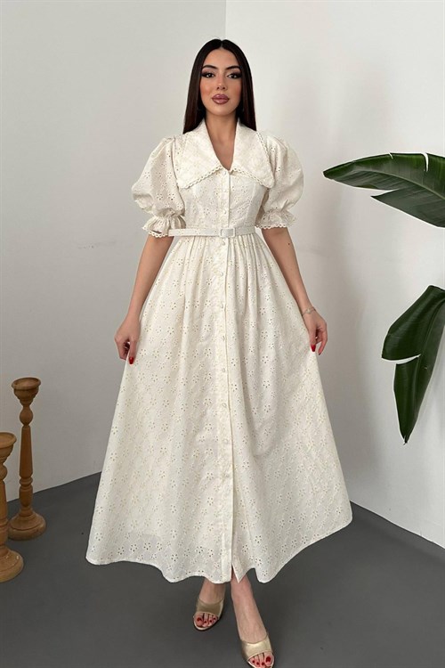 Toptan Ekru Bebe Yaka Balon Kollu Brode Elbise