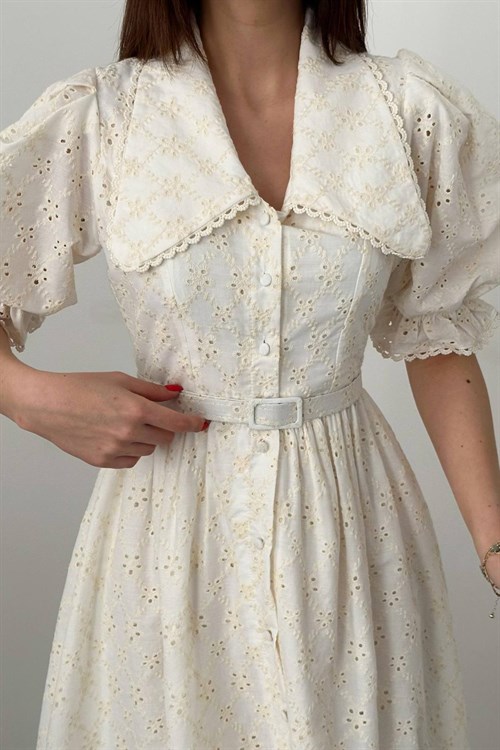 Toptan Ekru Bebe Yaka Balon Kollu Brode Elbise