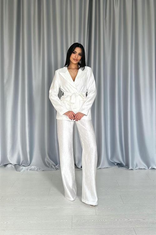 Wholesale Ecru Shiny Jacket and Trousers Set
