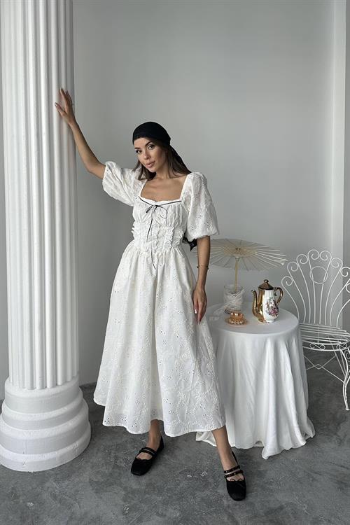 Wholesale Ecru Lace Detail Embroidered Dress