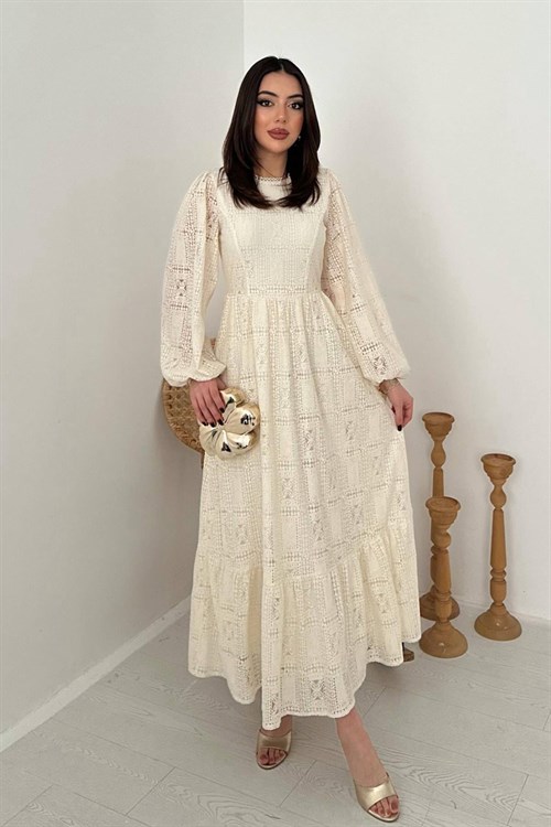 Toptan Ekru Dantelli Elbise