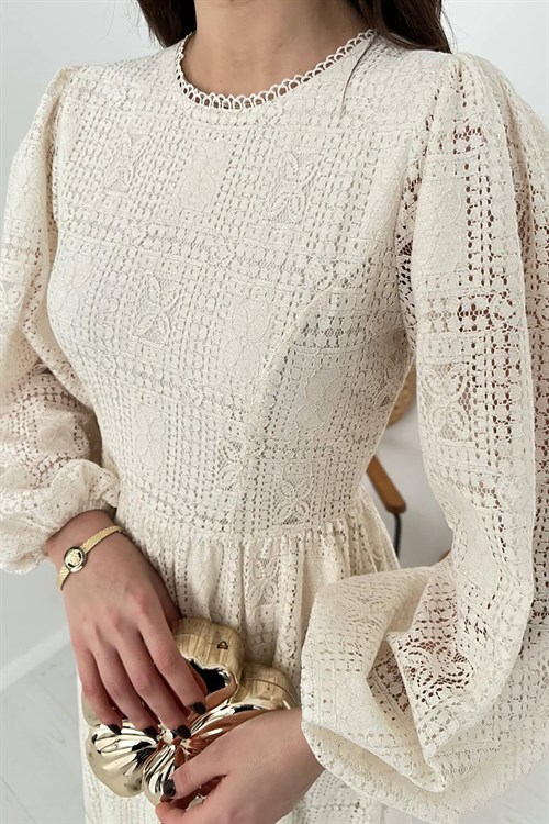 Toptan Ekru Dantelli Elbise