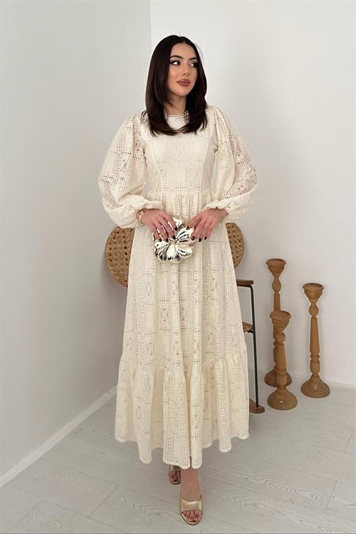 Toptan Ekru Dantelli Elbise