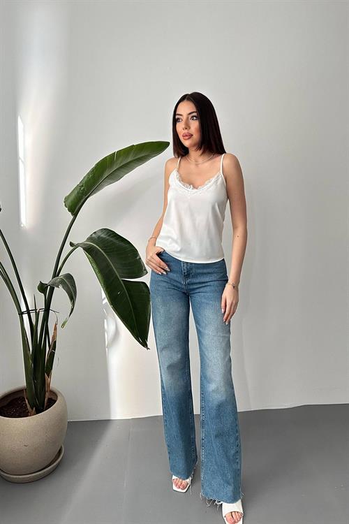 Wholesale Ecru Satin Blouse with Lace Trim