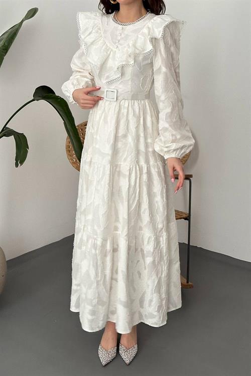 Wholesale Ecru Ruffled Embroidered Dress