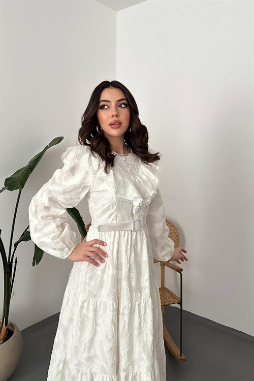 Wholesale Ecru Ruffled Embroidered Dress