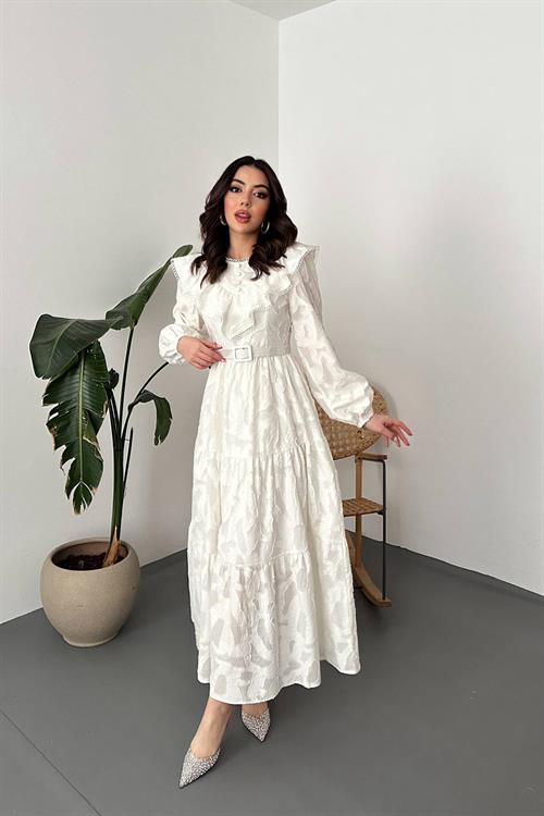 Wholesale Ecru Ruffled Embroidered Dress