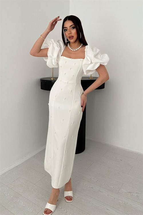 Toptan Ekru İşlemeli Kolu Garnili Elbise