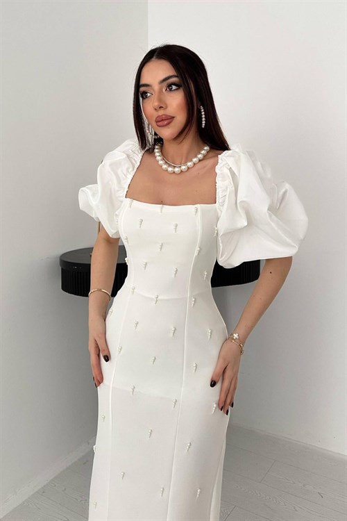 Toptan Ekru İşlemeli Kolu Garnili Elbise