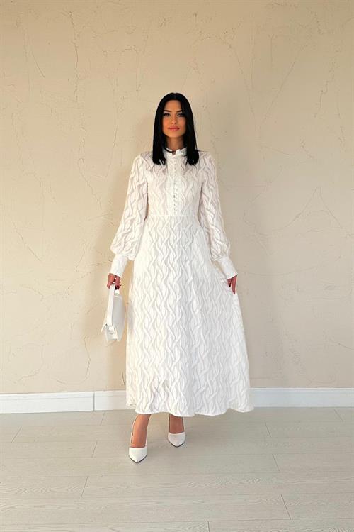 Wholesale Ecru Long Dress With Belt Detail