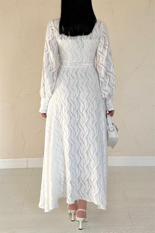 Wholesale Ecru Long Dress With Belt Detail