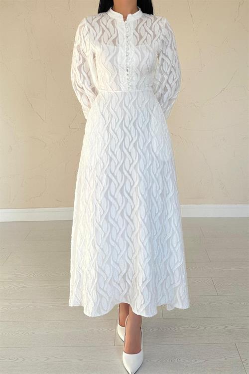 Wholesale Ecru Long Dress With Belt Detail