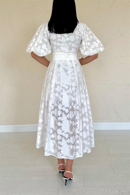 Toptan Ekru Kemerli Balon Kollu Elbise