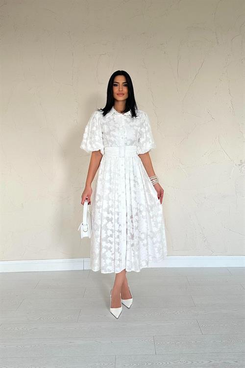 Toptan Ekru Kemerli Balon Kollu Elbise