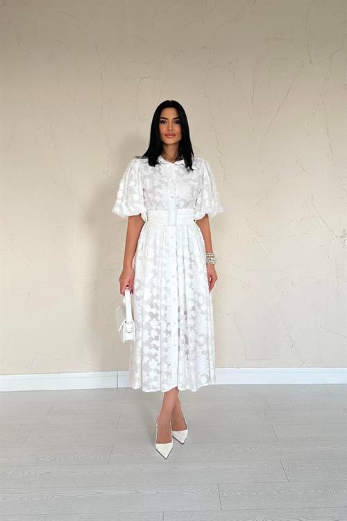 Toptan Ekru Kemerli Balon Kollu Elbise