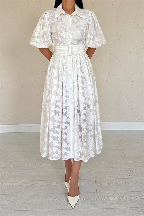 Toptan Ekru Kemerli Balon Kollu Elbise