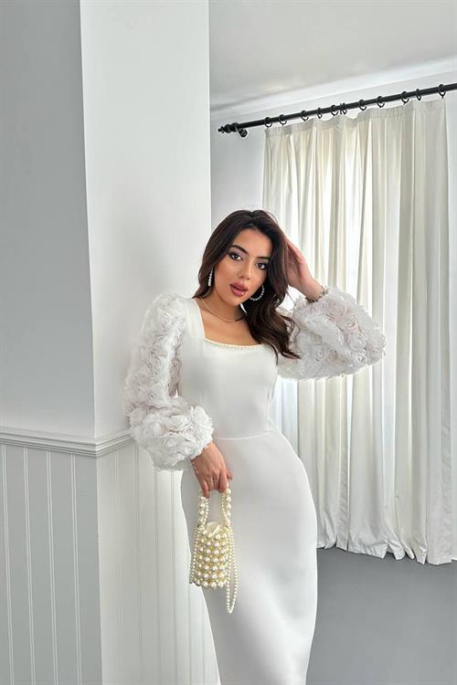 Wholesale Ecru Satin Dress with Floral Sleeves