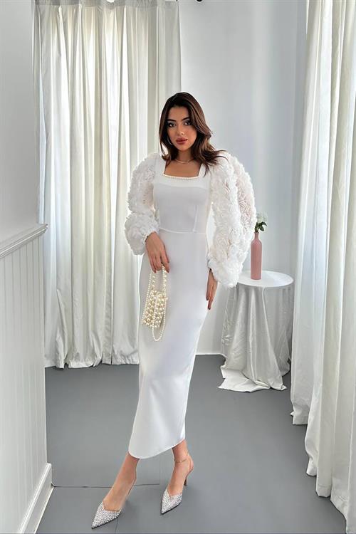 Wholesale Ecru Satin Dress with Floral Sleeves