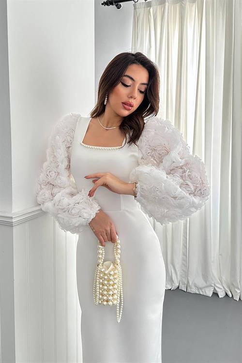Wholesale Ecru Satin Dress with Floral Sleeves