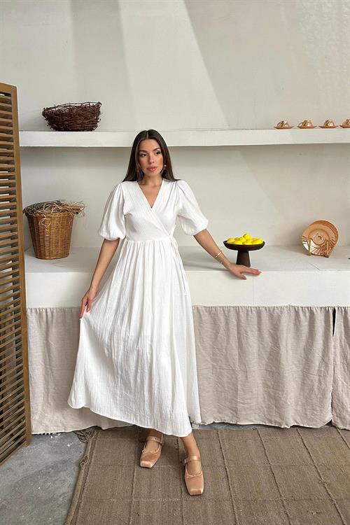 Toptan Ekru Müslin Uzun Elbise