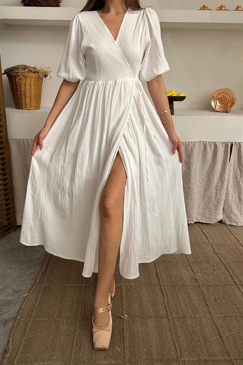 Toptan Ekru Müslin Uzun Elbise