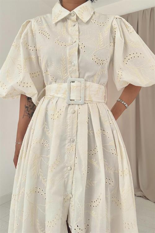 Toptan Ekru Pileli Balkon Elbise