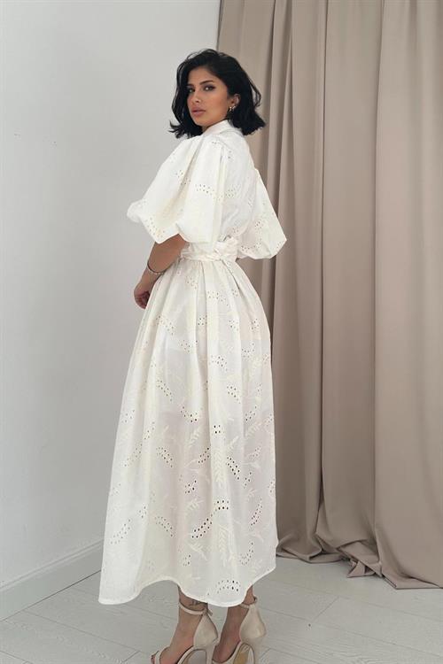 Toptan Ekru Pileli Balkon Elbise