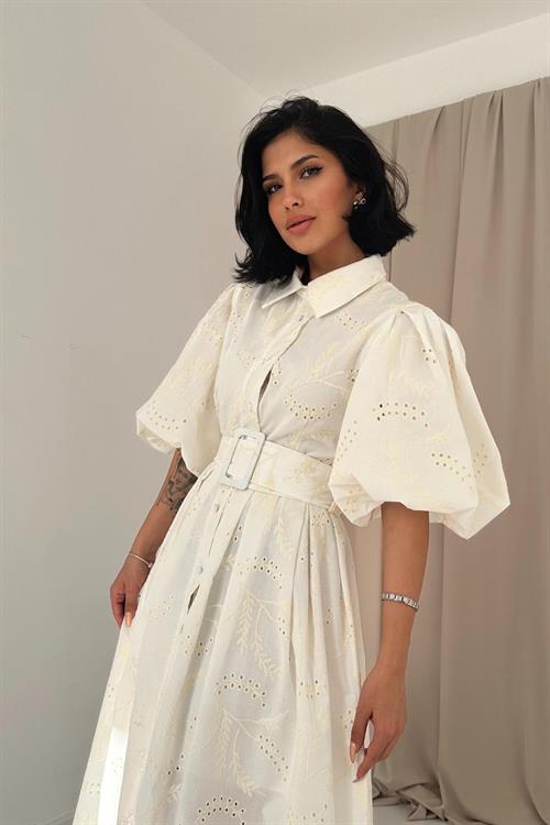 Toptan Ekru Pileli Balkon Elbise