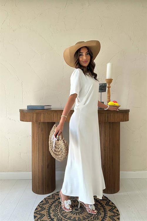 Toptan Ekru Pileli Bisiklet Yaka Elbise