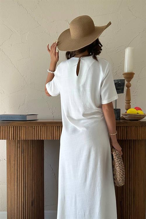 Toptan Ekru Pileli Bisiklet Yaka Elbise