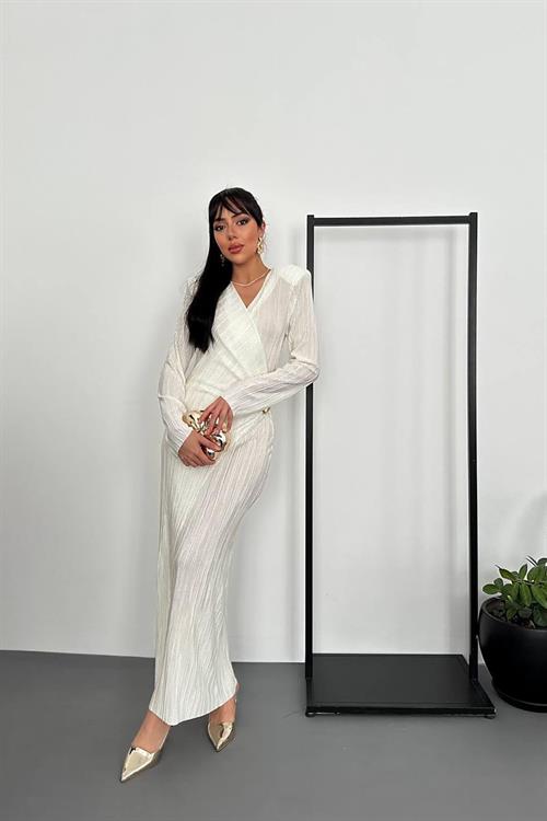 Toptan Ekru Piliseli Tokalı Elbise