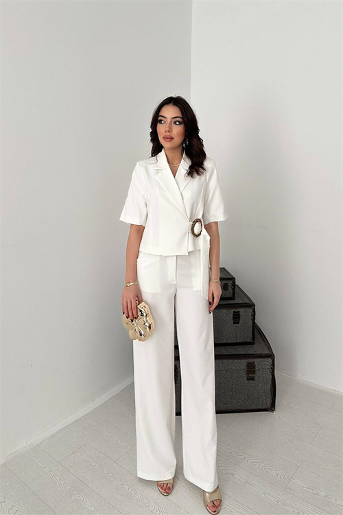 Wholesale Ecru Buckled Jacket and Straight Trousers Suit