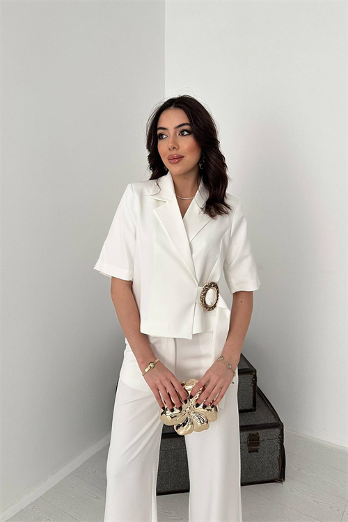 Wholesale Ecru Buckled Jacket and Straight Trousers Suit